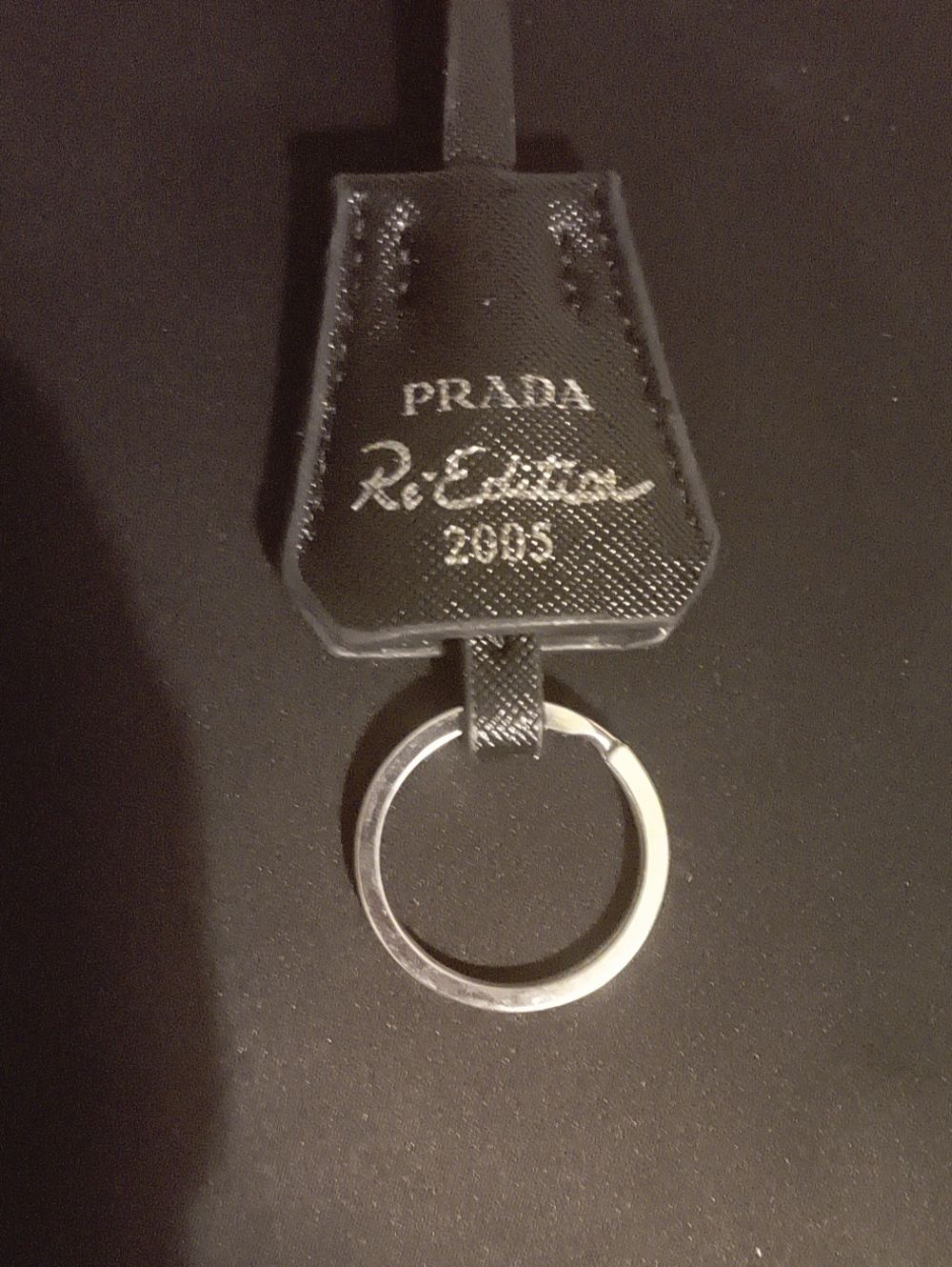 Prada Black Leather Key Tag with Silver Ring